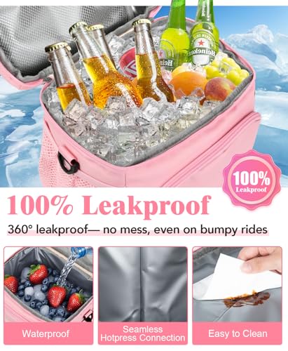 Insulated Lunch Bag for Men & Women, 9L Leakproof Lunch Box Soft Cooler Tote with 5 Pockets, 600D Oxford, EVA Lining, Adjustable Strap for Work, Picnic, Beach&Travel-Pink - color: Pink, size: Single