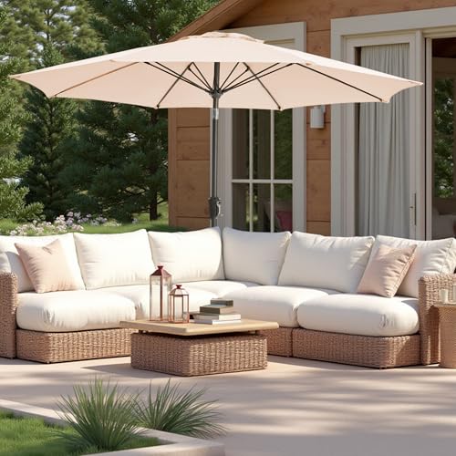 9FT Large Outdoor Patio Umbrella Pool Market Umbrella-UV Resistant, Easy Push Button Tilt and Crank, 8 Sturdy Ribs Heavy-Duty Table Umbrella for Deck, Backyard,Garden (Beige) - color: Beige, size: 9 FT