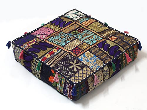 Mam Treasures Indian Bohemian Decorative Pillow Vintage Cushion Cover Patchwork Square Floor Pillow Cover Meditation Cushion Large Floor Pillow Indian Cushion (Dark Blue, 18 X 18 X 5 Inch) - color: Dark Blue, size: 18" x 18" (Pack of 1)