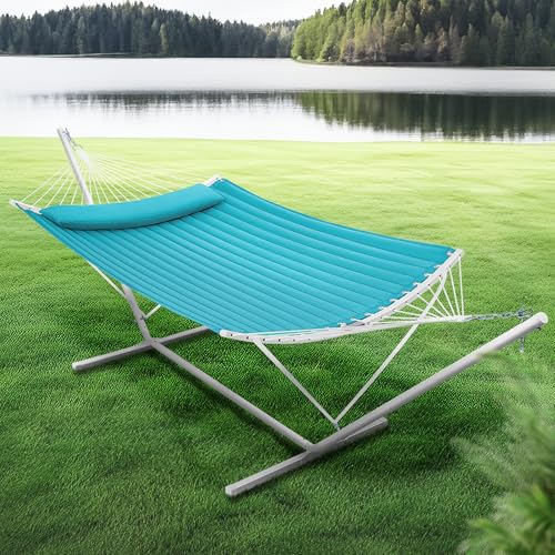 SUPERJARE Hammock with Stand, 2 Person Heavy Duty Hammock with Padded Cotton, Detachable Pillow & Strong Curved-Bar & Portable Carrying Bag, Perfect for Outdoor & Indoor, Sky Blue - color: Sky Blue