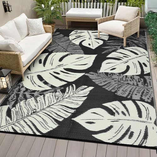 COZYLOOM Outdoor Rug 9x18 Waterproof for Patio Clearance Vintage Large Plastic Straw Mat for Camping Reversible Plastic Outdoor Rug for RV, Patio, Backyard, Deck, Picnic, Beach, Trailer, Black Beige - color: Leaf Black/Beige, size: 9'x18'