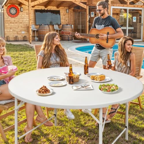 Magshion 60" Round Folding Table, 5 Feet Bi-Folding Plastic Commercial Dining Card Table w/Carrying Handle for Outdoor Wedding Party Event Picnic, White - color: White, size: 5Ft