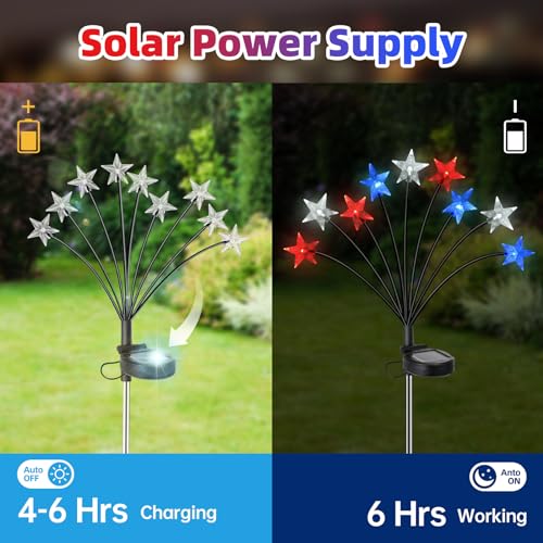 Lewondr 4th of July Decorations Solar Garden Lights, Fourth of July Red White and Blue Light Solar Lights Outdoor, Waterproof Patriotic Decor with 9 LED 2 Lighting Modes for Independence Day, 4 Pack - size: 4 Pack, style: Transparent Star
