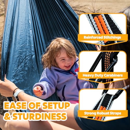NATUREFUN Ultra-Light Travel Camping Hammock | 300kg Load Capacity,Breathable,Quick-Drying | 2 x Premium Carabiners,2 x Nylon Slings Included | Outdoor Indoor Garden - color: Navy Blue, size: 275x140cm