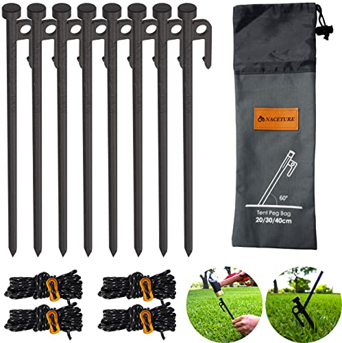 Metal Tent Stakes Heavy Duty 12 Inch 8 Pack with Camp Rope Guy Lines, Metal Stake for Ground, Canopy, Tarps, Sand Anchors for Camping, Picnics, or Yards, Reinforced Nail Heads Camping Accessories and - color: Tent Stake 8 Pack + Storage Bag