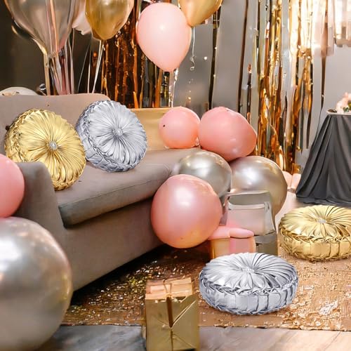 Kathfly Set of 4 Decorative Round Pleated Throw Pillows, Classy Velvet Pumpkin Round Throw Pillows, Decorative Floor Pillow for Bed Chair Home Sofa Decor, 14" Diameter(Gold and Silver) - color: Gold and Silver
