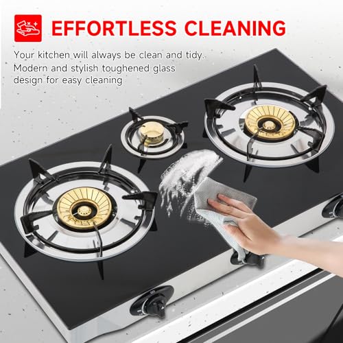 Propane Gas Cooktop,3 Burners Gas Stove portable, 0.28"Tempered Glass, Auto Ignition Camping 3 Burner LPG for RV,Apartments,Outdoor
