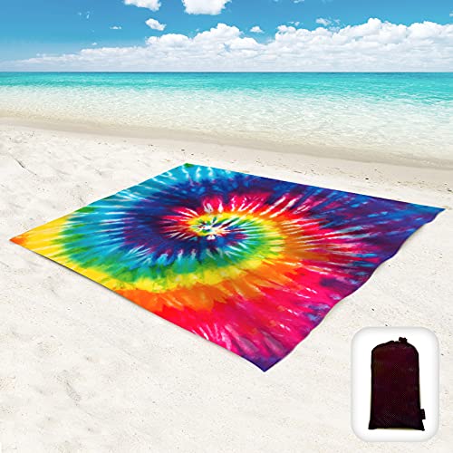 Beach Blanket Waterproof Sandproof Oversized 95”x 80”,Sand Free Beach Mat with Corner Pockets,Portable Mesh Bag for Beach Festival,Picnic,Travel and Outdoor Camping (Rainbow) - color: Rainbow