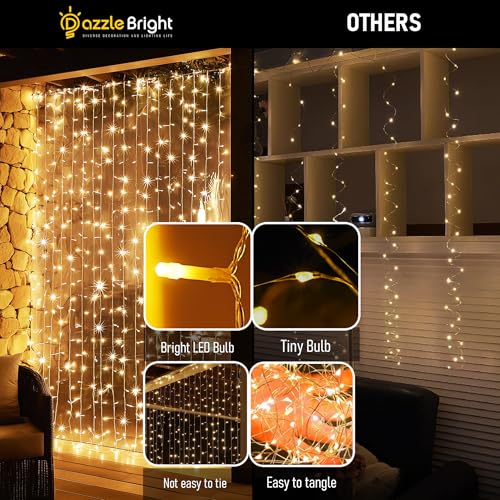 Dazzle Bright 300 LED Curtain Lights, Plug in Fairy Curtain Lights for Bedroom, Christmas Hanging String Lights Outdoor for Window Backdrop Wall Wedding Patio Indoor Dorm Party Decor, Warm White - color: Warm White
