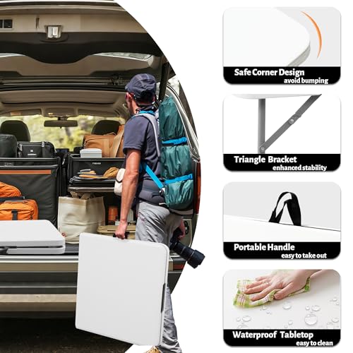 4ft Portable Folding Table, Indoor Outdoor Plastic Dining Table w/Handle, Fold-in-Half Utility Foldable Table for Camping, Picnic and Party, White