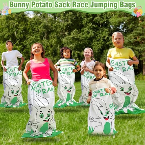 31 Pcs Easter Games Set for 6 Players - 6 Potato Sack Race Bags, Egg & Spoon Race, 3 3-Legged Bands, 2 Bunny Ear Ring Toss - Kids Family Easter Carnival Hunt Party Activities Outdoor Yard School Event