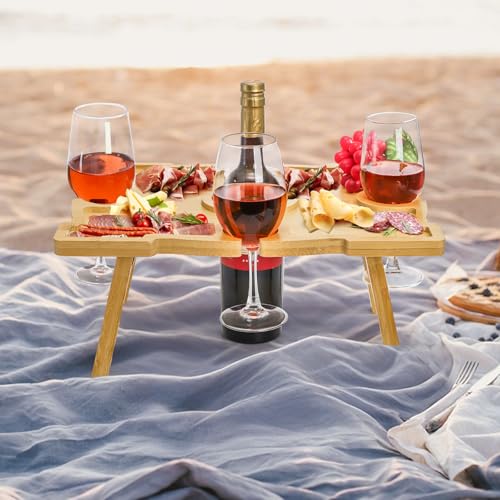 Coloch Portable Bamboo Wine Picnic Table with Wine Glass Holder, Foldable Rectangle Picnic Table Tray Beach Snack Table for Outdoor, Park, Beach, Camping, Wine Lover Gift