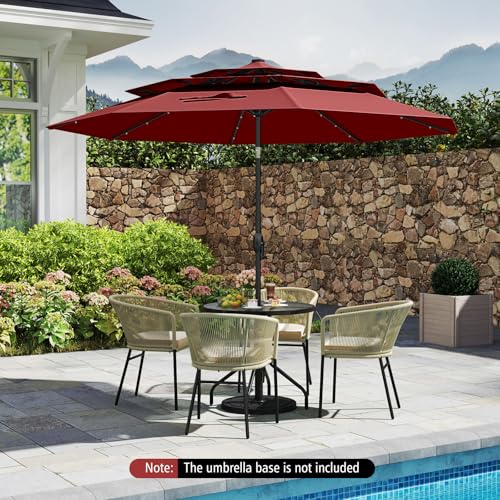 Tangkula 10 FT Solar LED Patio Umbrella, 3-Tier Vented Outdoor Market Table Umbrella with 32 LED Lights, Tilt Adjustment, Crank Handle, 8 Ribs for Backyard Pool Deck (Wine) - color: Wine