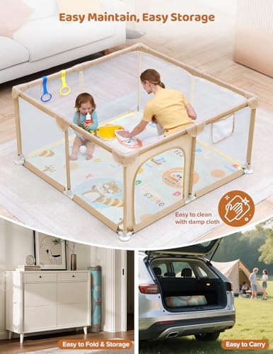 Dripex Baby Playpen with Mat, 47"x47" Play Pen for Toddlers 1-3 Years, Soft Breathable Visible Mesh, Indoor/Outdoor Portable Play Yard with Mat, Safe Baby Fence Play Area, Beige - color: Beige, size: 47"×47" with Mat