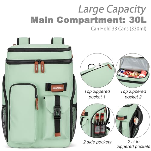 BAGPARKK Insulated Cooler Backpack,33/45 Cans Multifunctional Double Deck Leakproof Cooler Bag with Sternum Strap,Large Capacity Lightweight Travel Camping Beach Backpack - color: Mint Green, size: 33Can