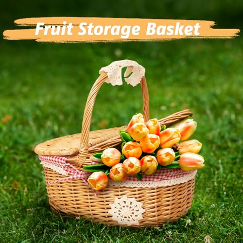 Picnic Basket，Handwoven Wicker Picnic Basket with Lid, Storage Hamper with Handle, Rattan Serving Basket for Outdoor, Beach, Camping