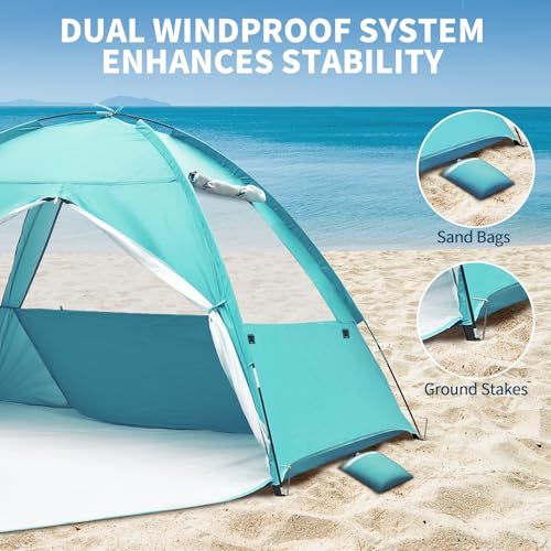 COVACURE 2026 New Upgraded Beach Tent Sun Shelter - UPF 50+ UV Protection Beach Shade for 3-4 Person, Waterproof & Lightweight, Easy Setup Portable Sun Canopy for Camping, Fishing, Beach (Green) - color: Green