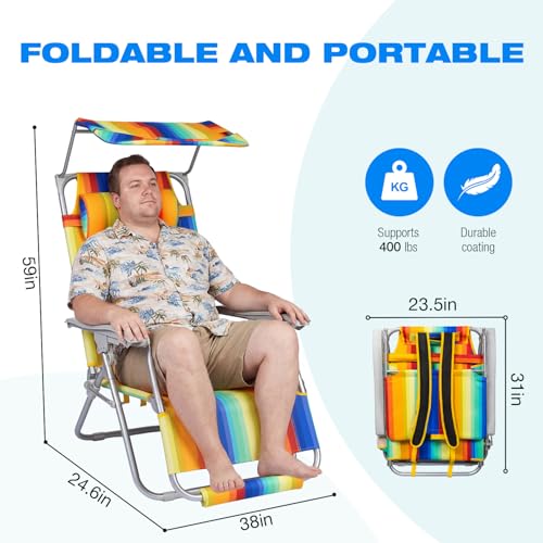 Lightweight Backpack Beach Chair for Adults, Patio Zero Gravity Chair with Canopy, Outdoor Adjustable Folding Reclining Lounge Chair with Cup Holder Pillow,Lawn Garden,Sand (Rainbow Stripe)