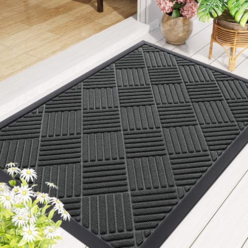 Smiry Front Door Mat Outside Entrance, Heavy Duty Outdoor Indoor Natural Rubber Doormat, Non Slip, Trap Dirt and Moisture, Easy Clean, Low Profile Patio Porch Entryway Mat, 29.5x17, Black - color: Black, size: 29.5" X 17"