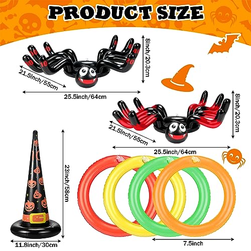 Jenaai 25 Pcs Halloween Ring Toss Game Include 5 Inflatable Witch Hat, 18 Plastic Rings for Ring Toss, 2 Inflatable Spider with Air Pump for Halloween Indoor Outdoor Carnival Party Supplies