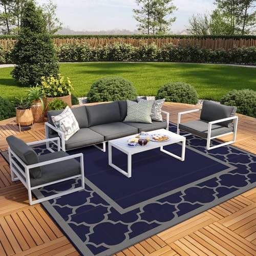 GENIMO 10 'x10 ' Outdoor Rug for Patio Clearance, Waterproof Indoor Outdoor Plastic Straw Rugs Carpet, Reversible Outside Area Rv Mat for Camping, Balcony Porch, Deck, Picnic, Beach (Blue & Grey) - color: Blue & Grey, size: 10' x 10' (Square)