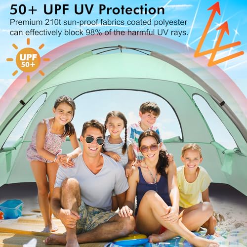 WhiteFang Beach Tent Anti-UV Portable Sun Shade Shelter for 3/4/6/8 Person, Extendable Floor with 3 Ventilating Mesh Windows Plus Carrying Bag, Stakes and Guy Lines - color: Mint Green, size: 6 Person