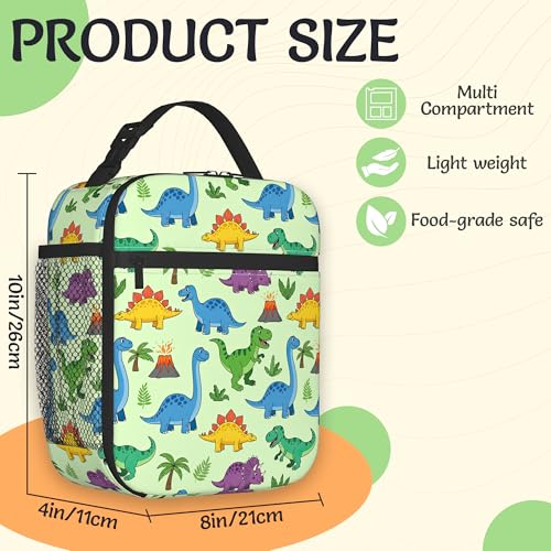 Dinosaurs Reusable Lunch Bag,Cartoon Volcano Green Trees Insulated Lunch Box with Side Pockets for Girls Boys Women Portable Thermal Cooler Bag for Teens School,Work,Picnic,Beach - color: Dinosaurs