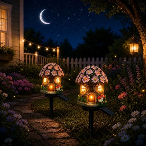 Solar Pink Floral Cottage Lights Outdoor, 2 Pack Waterproof Fairy Garden Pathway Lights, Hand-Painted Resin Flower House Decor for Yard Lawn Patio, Gift for Garden Lovers - style: Pink Floral Fairy Cottage