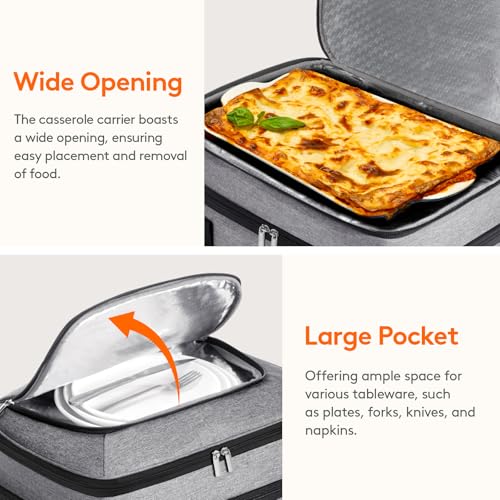 Lifewit Double Decker Casserole Carrier for Hot and Cold Food, Insulated Casserole Dish Carrier Carrying Case with Tool Room, Thermal Bag for Potluck Parties Cookouts Fits 9"×13" Baking Dish, Gray - color: Gray