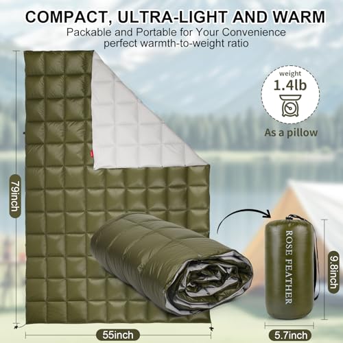 Down Camping Blanket - Lightweight, Packable, Warm & Puffy Outdoor Travel Quilt for Sleep, Hiking, Backpacking, Stadium, Festivals, Water-Resistant Sleeping Bag 55"x79" - color: Ranger Olive, size: 1LB 6OZ / 79" x 55"