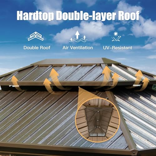 Domi 10' x 14' Hardtop Gazebo, Outdoor Metal Gazebo for Patios with Galvanized Steel Double Roof, Heavy Duty Curtains and Netting Included, Permanent Pergola for Backyard, Garden Lawn, Brown - color: Brown, size: 10'×14' Double Roof