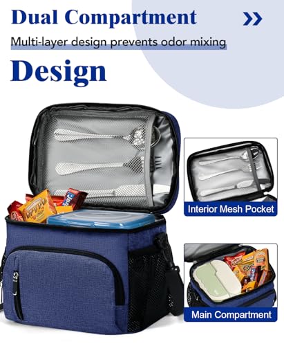 Insulated Lunch Bag for Men & Women, 9L Leakproof Lunch Box Soft Cooler Tote with 5 Pockets, 600D Oxford, EVA Lining, Adjustable Strap for Work, Picnic, Beach&Travel-Navy Blue - color: Navy Blue, size: Single