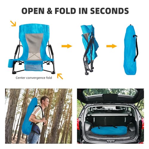 Portable Folding Beach Chair for Adults - Lightweight Low Back Sling Chair with Cup Holder & Storage Pocket, 300lbs Capacity Camping Chair for Outdoor, Lawn, Concert, Travel (Blue) - color: Blue, size: 1 pcs