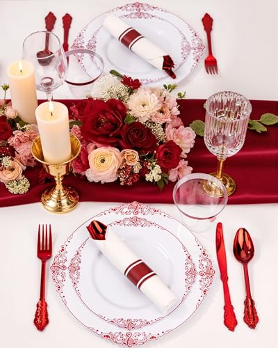 Nervure 350PCS Red Plastic Plates - White Red Plastic Dinnerware Set for 50 Guests - 100 Red Disposable Plates, 50 Pre Rolled Cutlery Set, 50 Cups Perfect for Wedding & Party & Mothers Day - color: White and Red