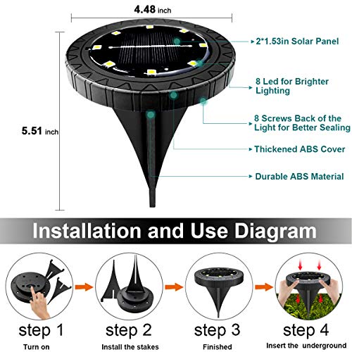 Solar Powered 8 Pack Outdoor LED Disk Lights - IP68 Waterproof, Non-Slip, Wear-Resistant Pathway Lights (Warm White) - size: 8 Pack