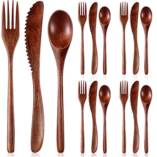 Geiserailie 12 Pcs Wooden Utensils for Eating Wooden Spoon Fork Knife Cutlery Set Kitchen Wood Dinner Flatware Tableware Set Includes Spoon, Fork, Knife