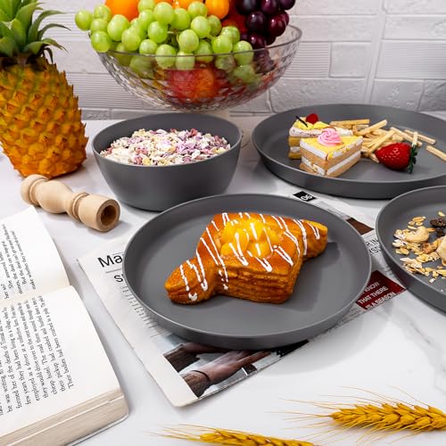 EI 12pcs Wheat Straw Dinnerware Set of 4,Kitchen Plates and Bowls,Reuasble Plates,Unbreakable Dinner Plate,Hard Premium Plastic Plate for Camping,Picninc,Halloween - color: Dark Grey Wheat Straw Plates and Bowls