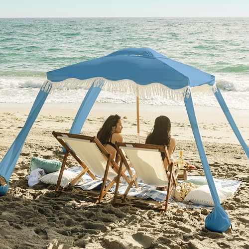 AMMSUN Beach Cabana with Fringe, 7' x 7' Boho Beach Canopy with Tassels, Easy Set up & Premium Wood Pole, Cabana Tent with Sand Pockets, Instant Sun Shade for Sand, Garden, Patio, Blue - color: Blue
