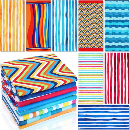 Mixweer 8 Packs Microfiber Beach Towel Bulk 60 x 28 Inch Sand Free Travel Large Microfiber Pool Swim Multi Style Beach Towel Blanket for Adult on Vacation Accessories(Striped Style) - style: Striped Style
