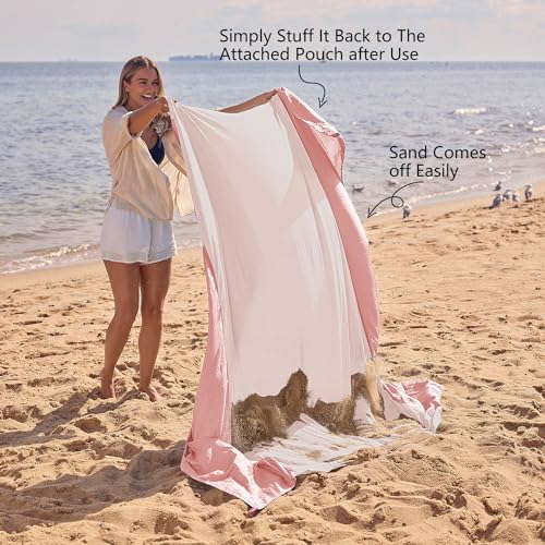 WEKAPO Beach Blanket Sandproof Waterproof, Extra Large Beach Mat, Oversized & Compact Sand Free, Quick Drying Beach Essentials for Vacation, Cruise, Picnic & Camping with Stakes - color: Pink, size: 7x7 FT (1～3 person)