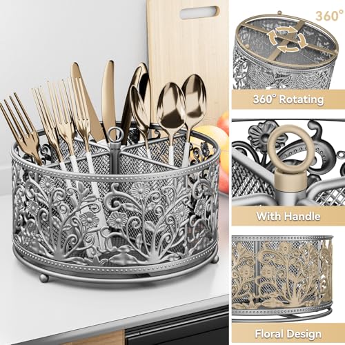 YIUKEA 360° Rotating Utensil Caddy - Silverware Cutlery Caddy Holder with 4 Compartment, Metal Flatware Organizer Countertop with Handle for Party Camping Picnic, Kitchen Counter, Office (Silver) - color: Silver