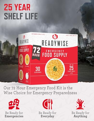 ReadyWise Emergency Food Supply - 72 Hour Survival Kit, 30 Servings of Protein Meals, Freeze Dried Food for Backpacking, Camping Essentials & Disaster Prepping Supplies, up to 25 Year Shelf Life - size: 72 Hours