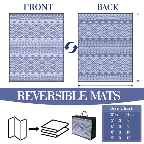 UPGRADE Waterproof Outdoor Rug 8x10 ft, Reversible Plastic Patio Rug, UV Resistant Straw Camping Mat with Carry Bag for RV Beach Deck Backyard, Blue & White - color: Blue & White, size: 8' x 10'
