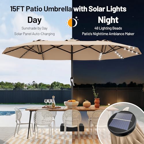 AreShark 15FT Patio Umbrella with Solar Lights, Double Sided Outdoor Table Umbrellas with Crank, Large Rectangular Market Umbrella for Porch, Lawn, Pool, Backyard, Beige - color: Beige, size: 9x15 Ft