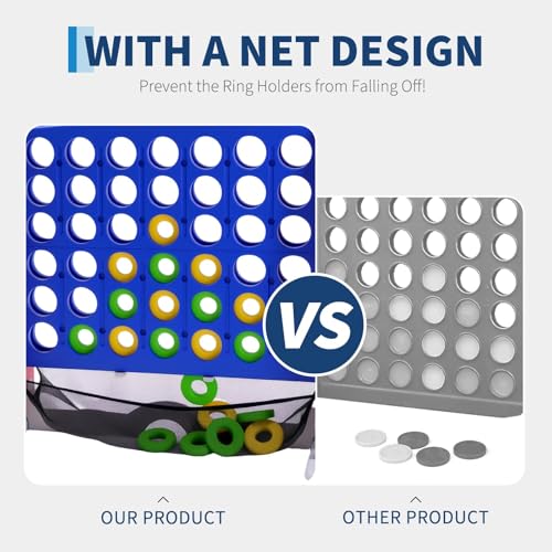 Jumbo 4 in a Row Game, Height Adjustable(2.7-3.2 ft) Outdoor Indoor Connect 4 w/Quick Release, Giant Connect Four with Basketball Hoop, Ring Toss & Net, Backyard Party Game for Adults Kids