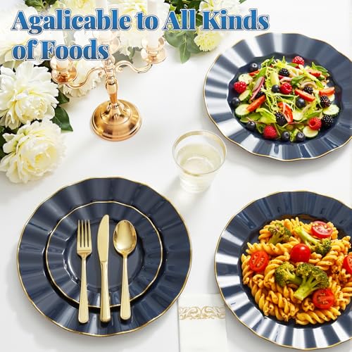 175 Plastic Dinnerware Set, Disposable Dinnerware Set for 25 Guests Include 50 Plastic Plates,25 Silverware Set,25 Cups and 25 Napkins for Graduation Party Wedding(Navy Blue and Gold) - color: Navy Blue