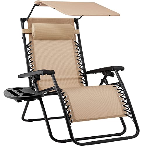 Best Choice Products Folding Zero Gravity Outdoor Recliner Patio Lounge Chair w/Adjustable Canopy Shade, Headrest, Side Accessory Tray, Textilene Mesh - Beige - color: Beige, size: Standard
