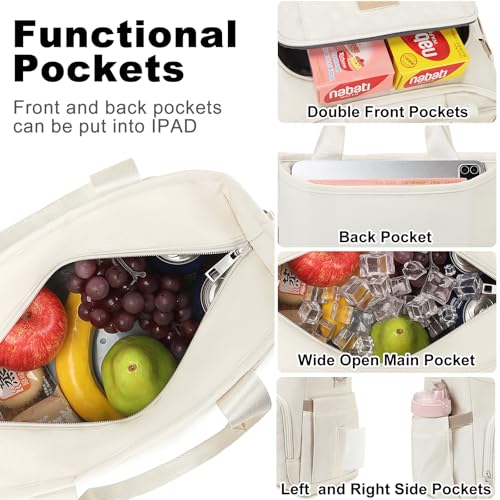 AIJIEKE Extra Large Lunch Bag for Women & Men, Insulated Leakproof Lunch Box for Work, Reusable Adult Lunch Tote with Shoulder Strap, Multi-Pocket Cooler Bag for Office, Picnic, Beach, Beige - color: Beige