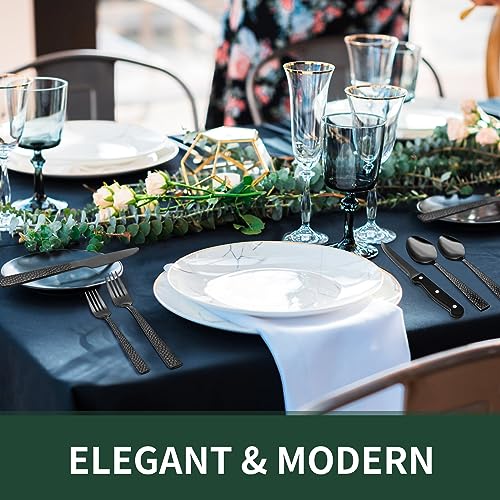 EWFEN 24-Piece Black Silverware Set with Steak Knives, Black Flatware Set for 4, Food-Grade Stainless Steel Tableware Cutlery Set, Mirror Finished Utensil Sets for Home Restaurant, Hammered Edge - style: Hammered Edge
