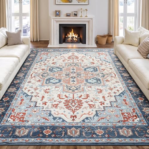 Rugflix 8x10 Area Rugs for Living Room, Washable Rug, Soft Low Pile Carpet, Non-Slip, Stain Resistant, Vintage Area Rug, Blue Orange Rug for Bedroom, Dining Room, Home Office - color: Blue Orange, size: 8' x 10' (Rectangular)